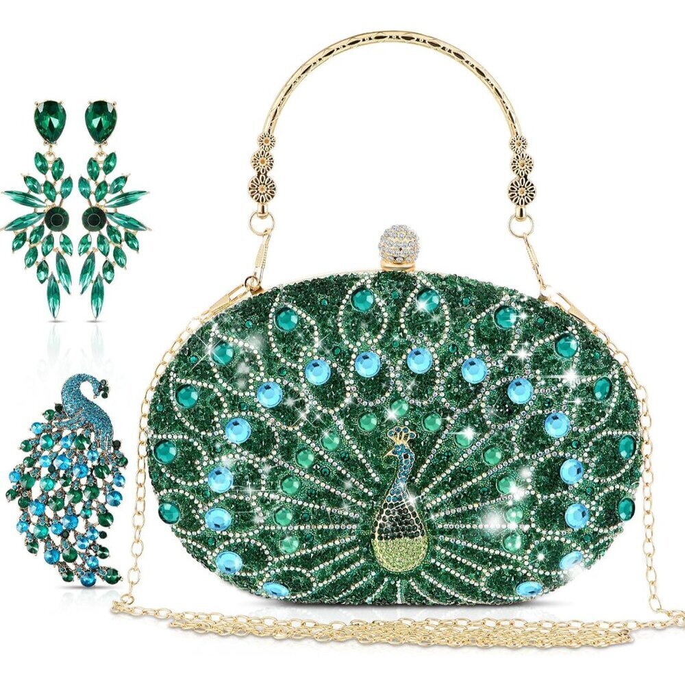 Evening Clutch Purse Set Crystal Peacock Jewelry Gift for Women